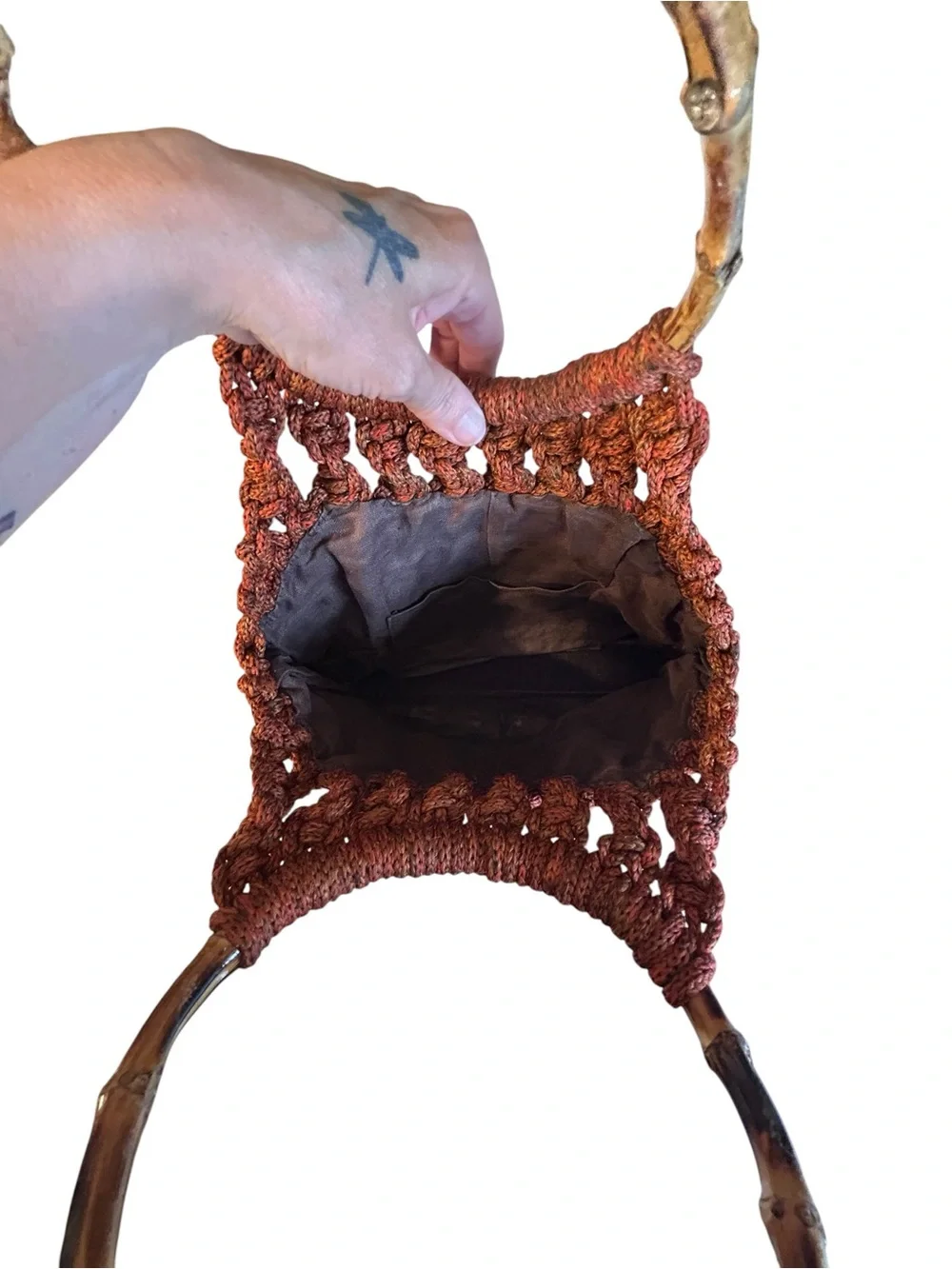 Handmade‎ Crochet Bamboo Handle Handbag Boho Rustic Purse Brown Wood Bead Accent